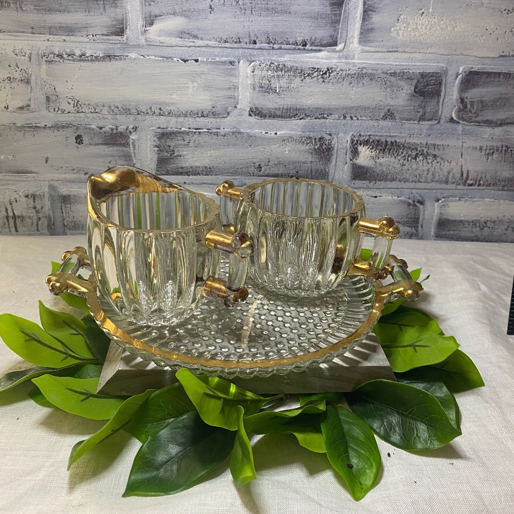 Jeannette Glass Clear With Gilding Creamer, Sugar Bowl And Tray